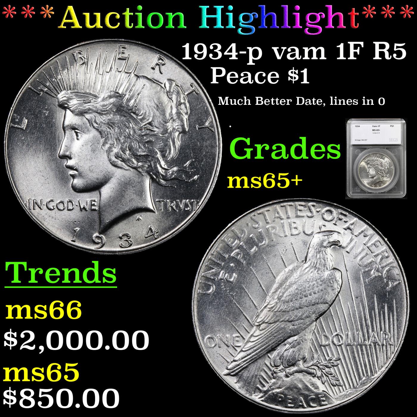 ***Auction Highlight*** 1934-p Peace Dollar vam 1F R5 $1 Graded ms65+ By SEGS (fc)