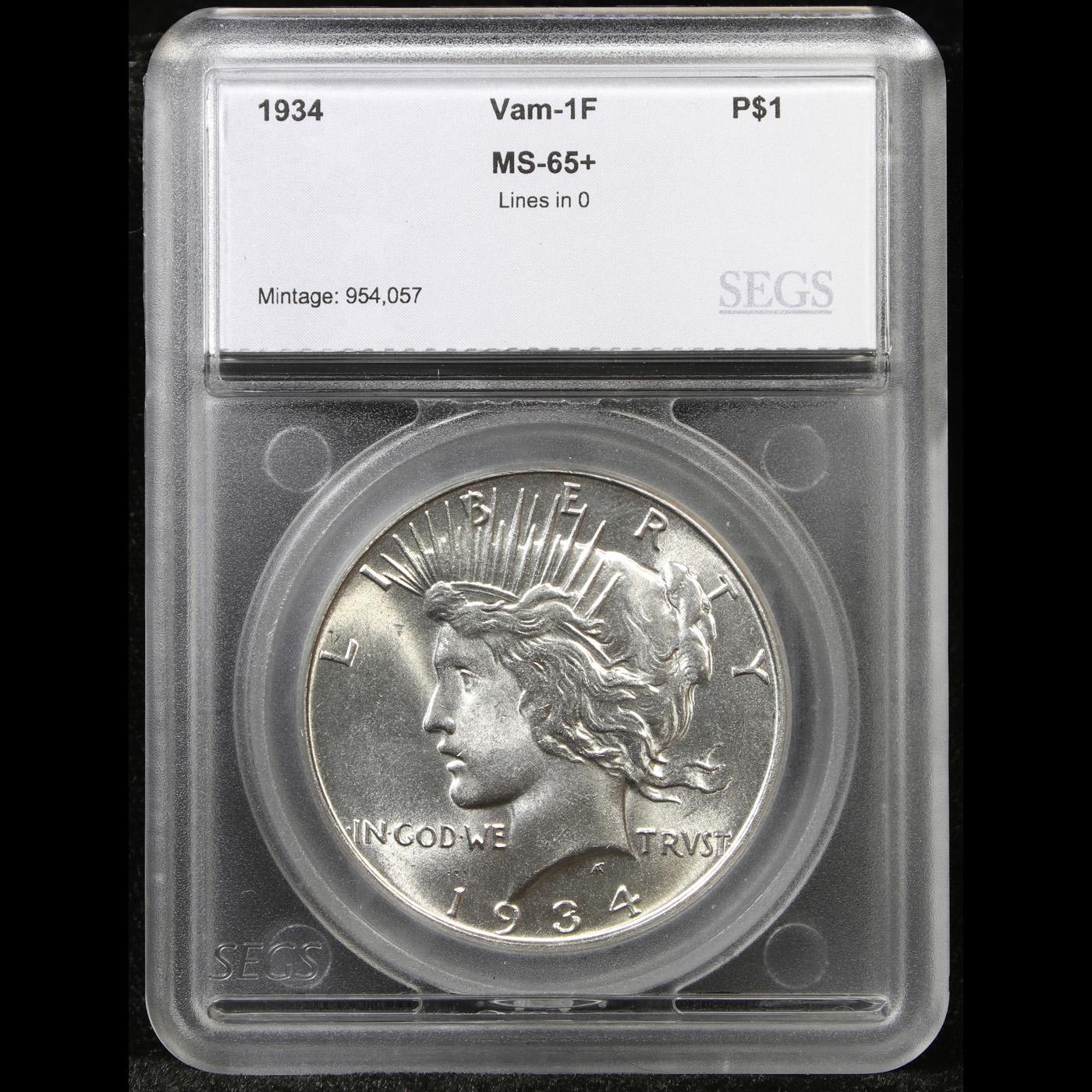 ***Auction Highlight*** 1934-p Peace Dollar vam 1F R5 $1 Graded ms65+ By SEGS (fc)