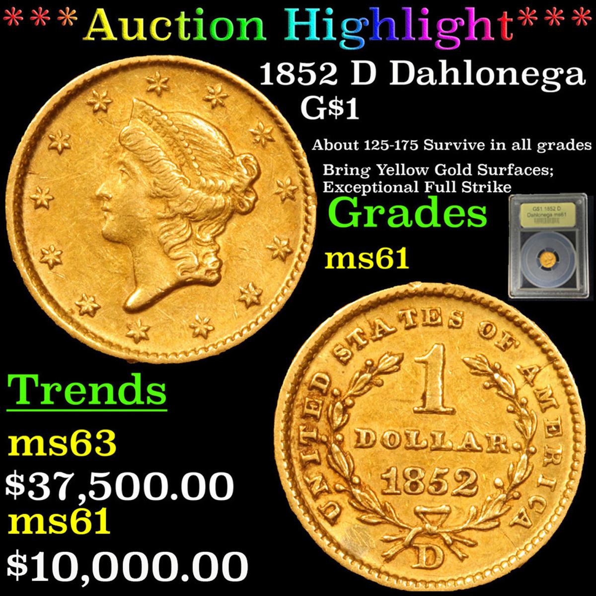 ***Auction Highlight*** 1852 D Gold Dollar Dahlonega $1 Grades BU+ By USCG (fc)