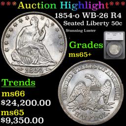 ***Auction Highlight*** 1854-o Seated Half Dollar WB-26 R4 50c Graded ms65+ By SEGS (fc)