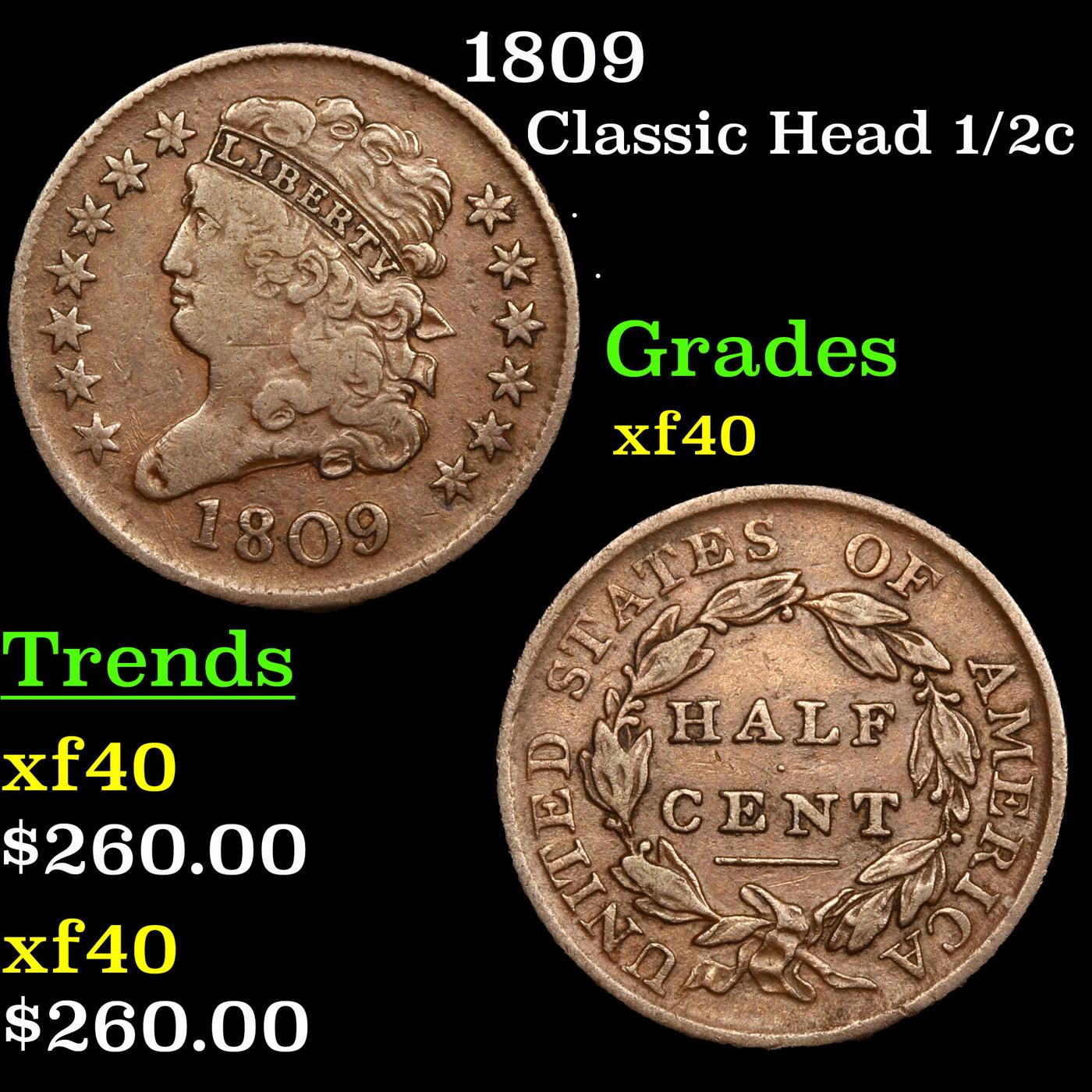 1809 Classic Head half cent 1/2c Grades xf