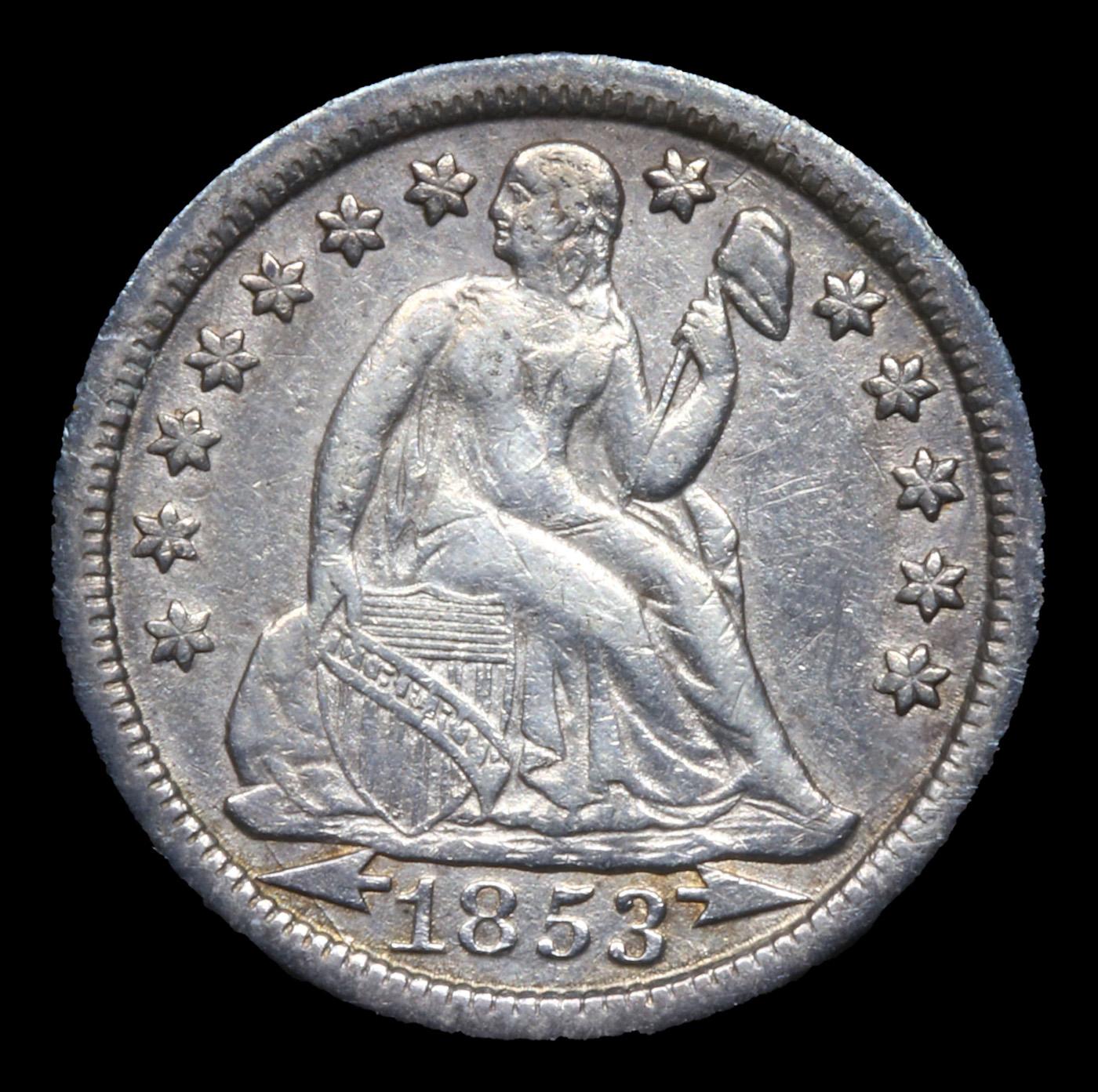 1853-p Seated Liberty Dime 10c Grades xf+