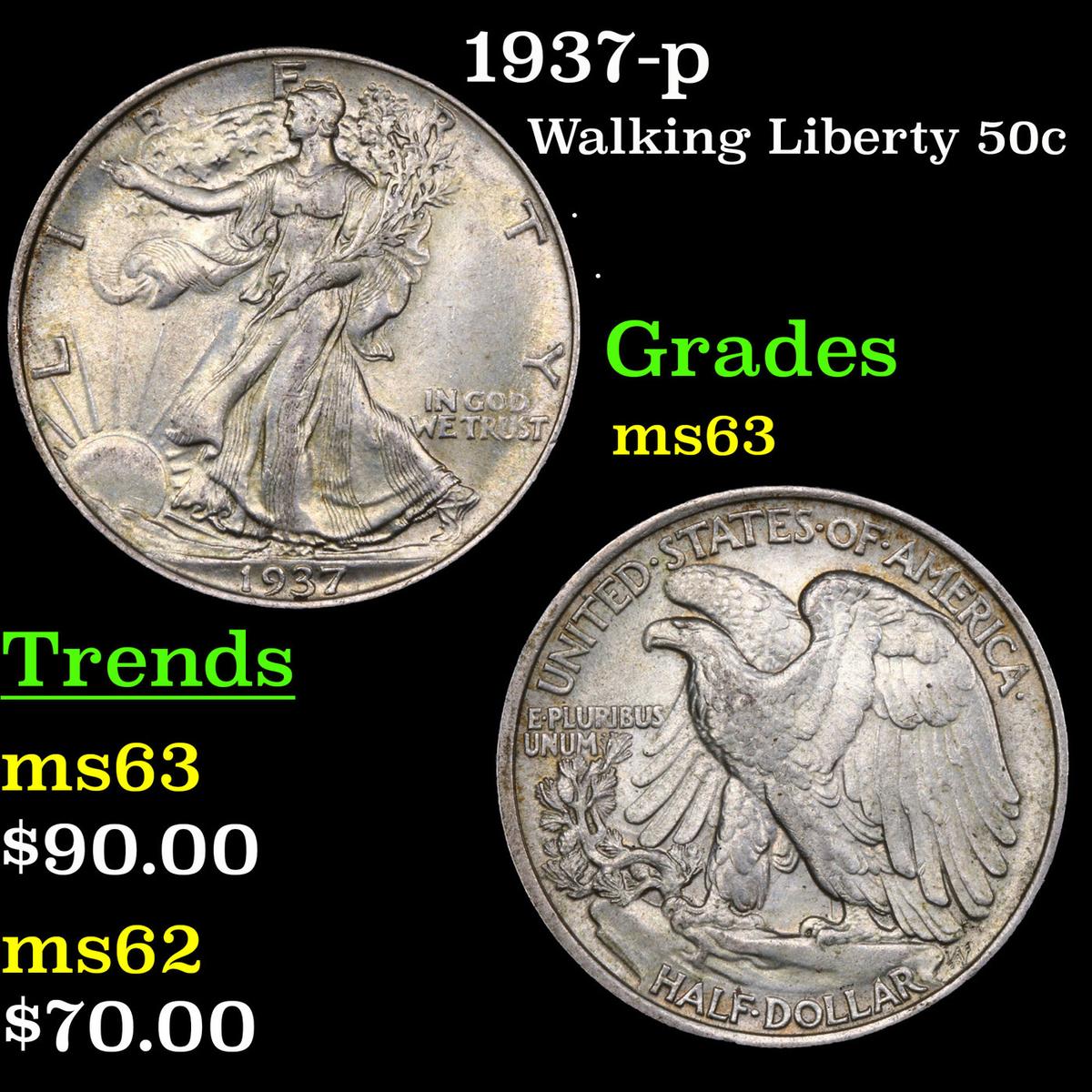 1937-p Walking Liberty Half Dollar 50c Grades Select Unc