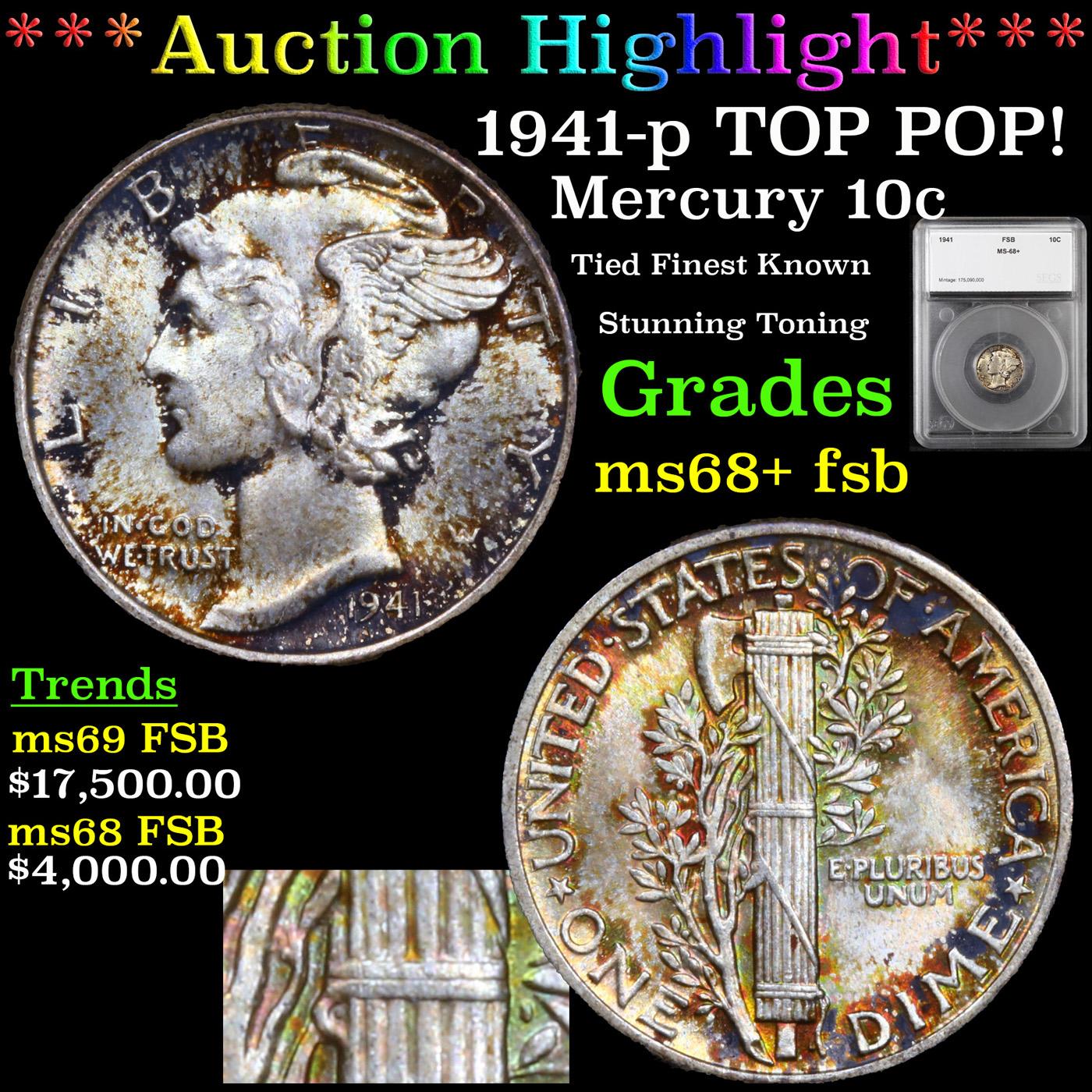 ***Auction Highlight*** 1941-p Mercury Dime TOP POP! 10c Graded ms68+ fsb By SEGS (fc)