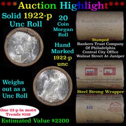 ***Auction Highlight*** Full solid date Uncirculated 1922-p Peace silver dollar roll, 20 coins (fc)