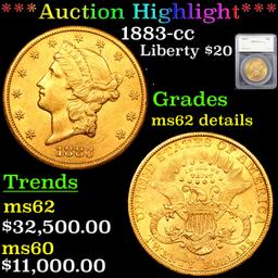 ***Auction Highlight*** 1883-cc Gold Liberty Double Eagle $20 Graded ms62 details By SEGS (fc)