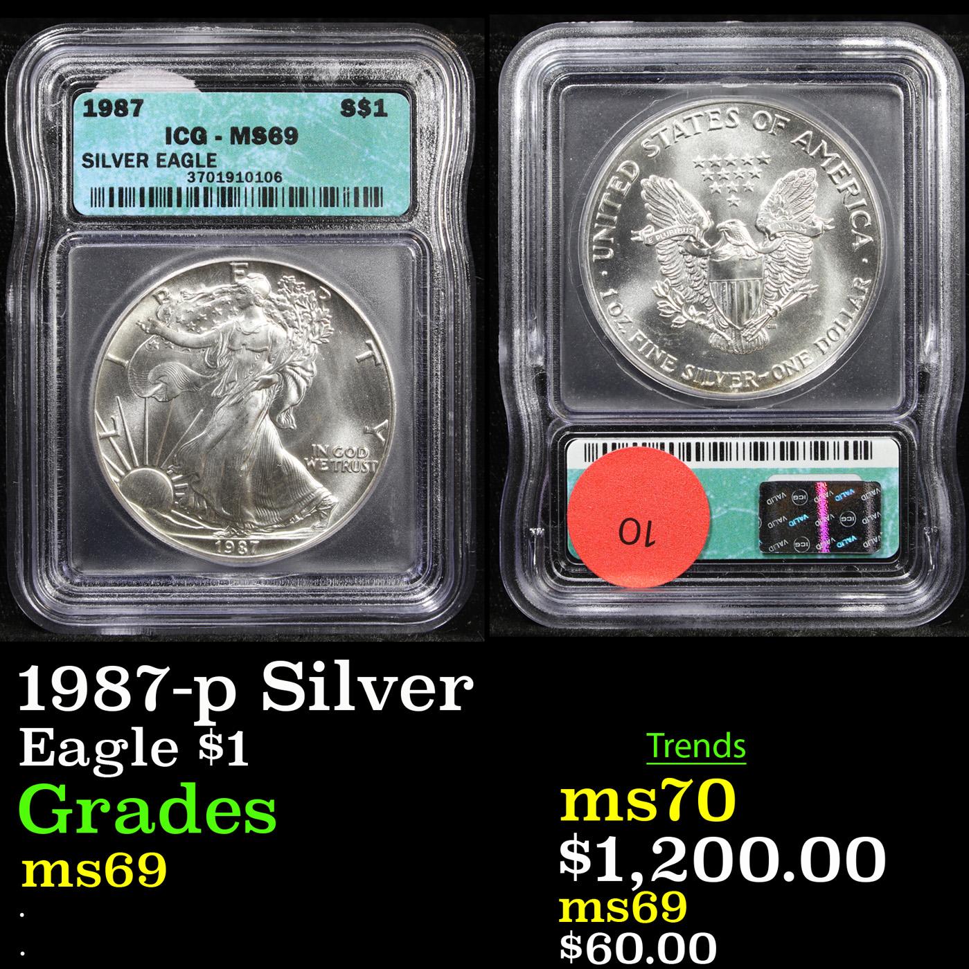 1987-p Silver Silver Eagle Dollar $1 Graded ms69 By ICG.