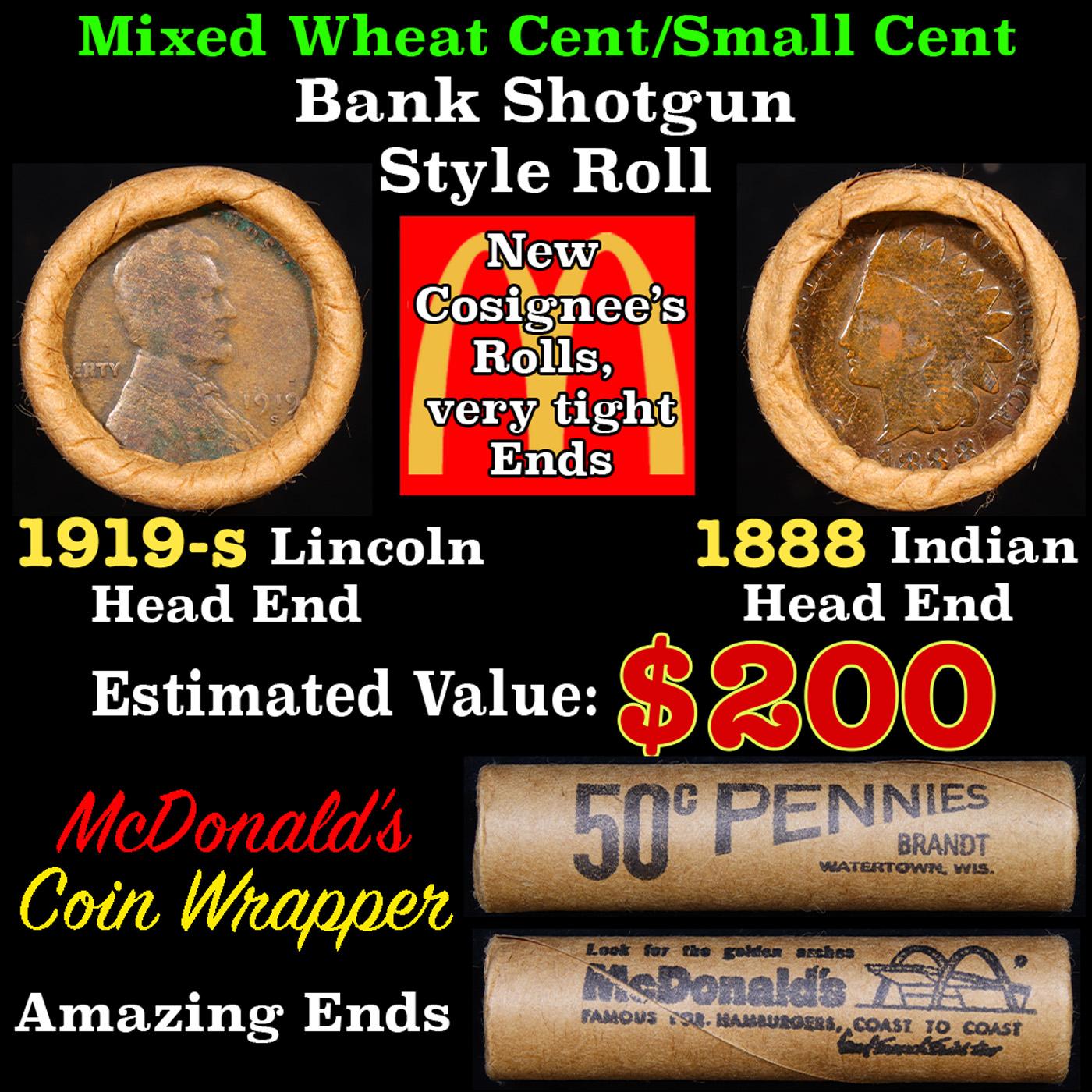 Mixed small cents 1c orig shotgun Bandt McDonalds roll, 1919-s Wheat Cent, 1888 Indian Cent other en