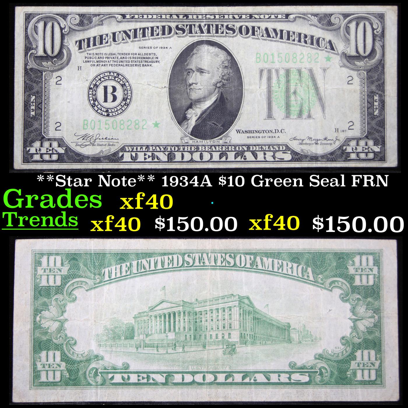 **Star Note** 1934A $10 Green Seal FRN Grades xf