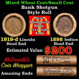 Mixed small cents 1c orig shotgun roll, 1919-d Wheat Cent, 1898 Indian Cent other end McDonalds Wr