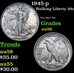 1945-p Walking Liberty Half Dollar 50c Grades Choice AU/BU Slider