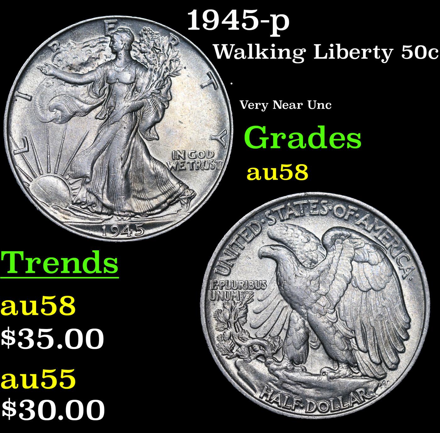 1945-p Walking Liberty Half Dollar 50c Grades Choice AU/BU Slider