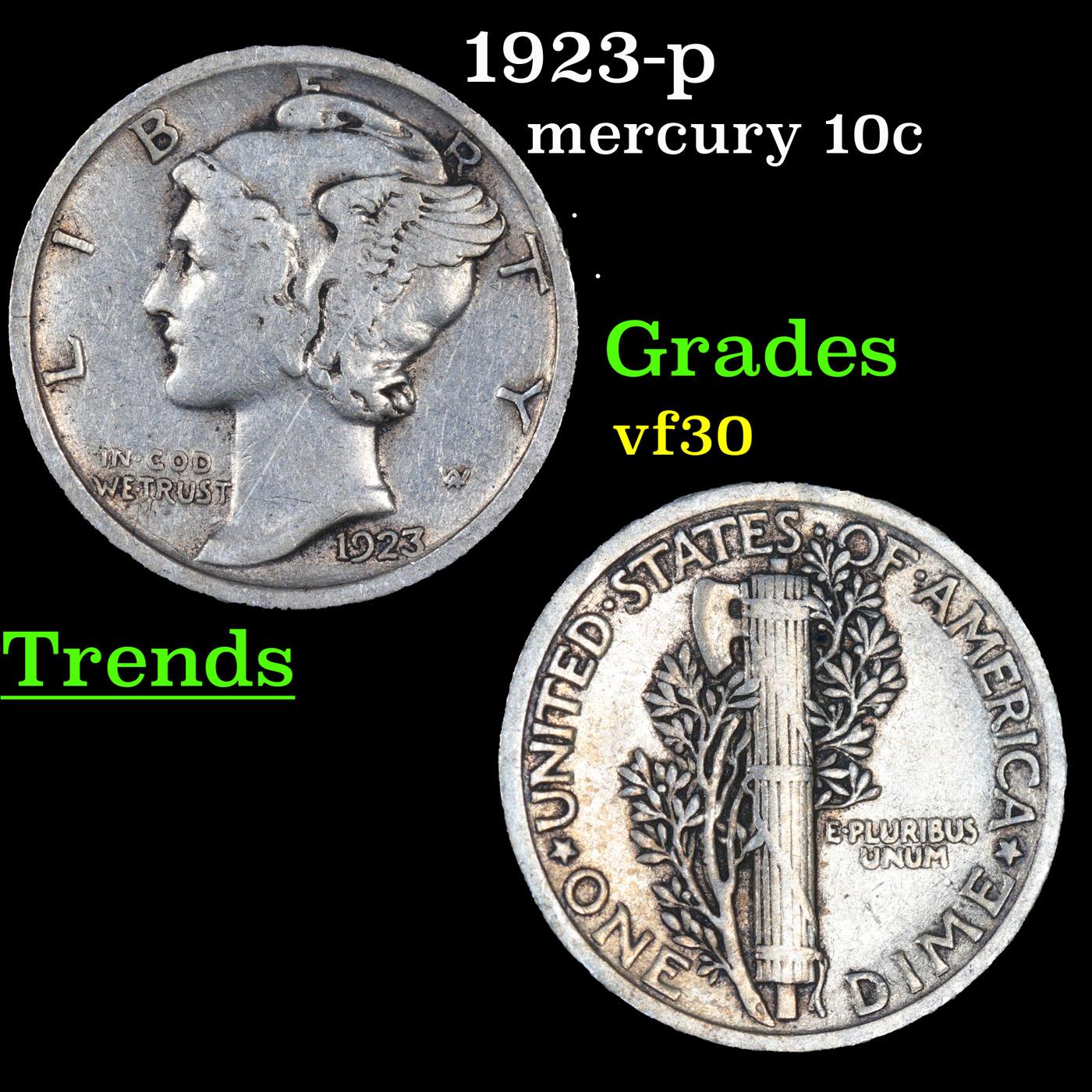 1923-p Mercury Dime 10c Grades vf++