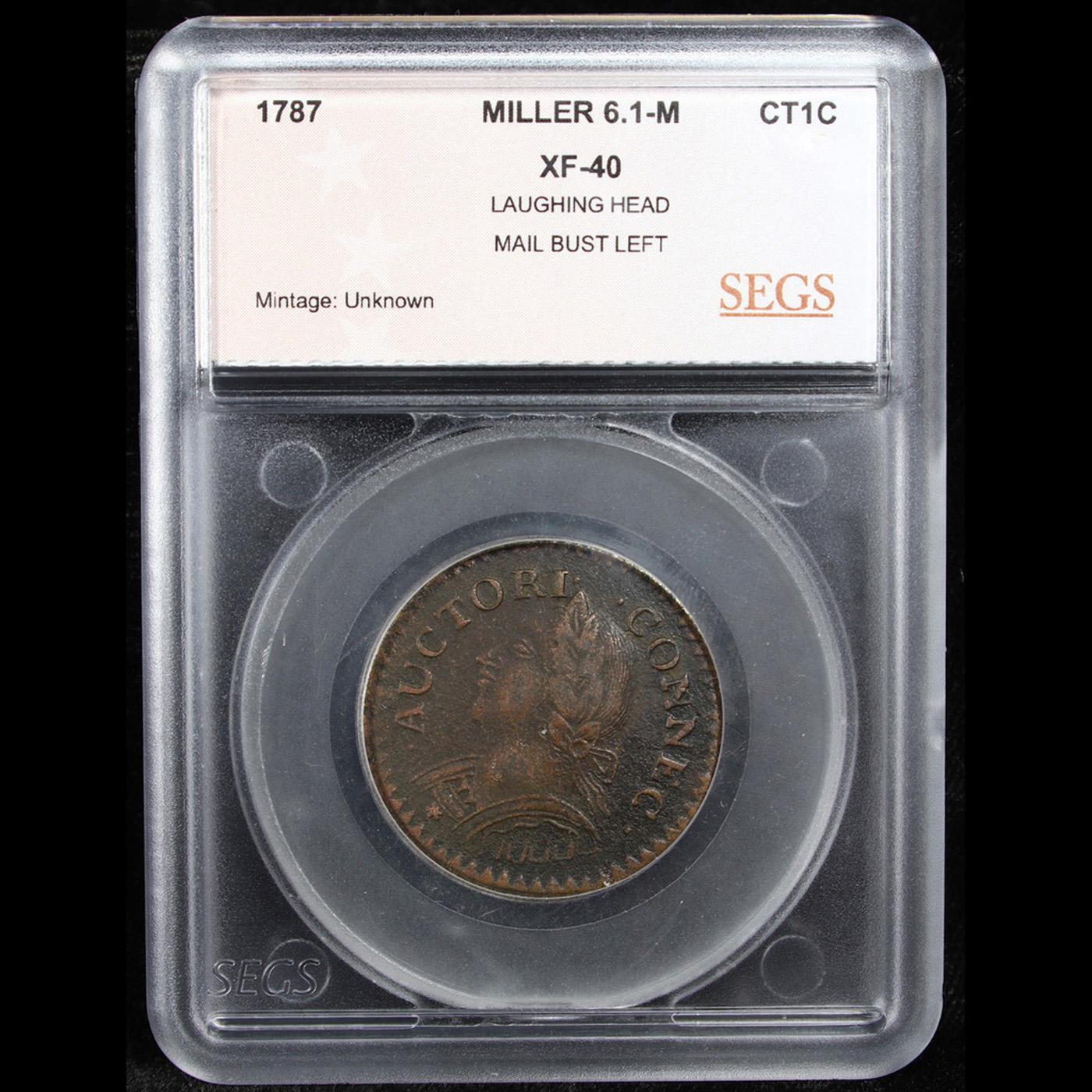 ***Auction Highlight*** 1787 Connecticut, Laughing Colonial Cent Miller 6.1-M 1c Graded xf40 By SEGS