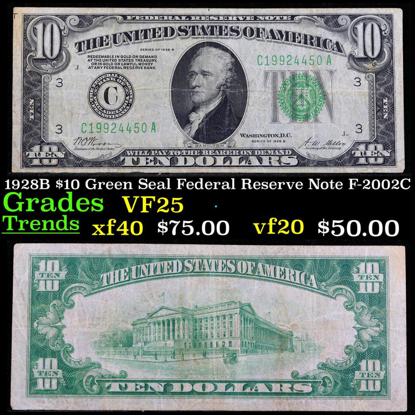 1928B $10 Green Seal Federal Reserve Note F-2002C Grades vf+