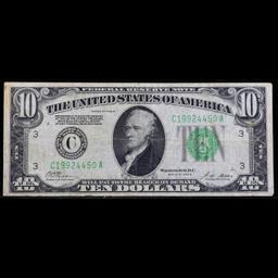 1928B $10 Green Seal Federal Reserve Note F-2002C Grades vf+