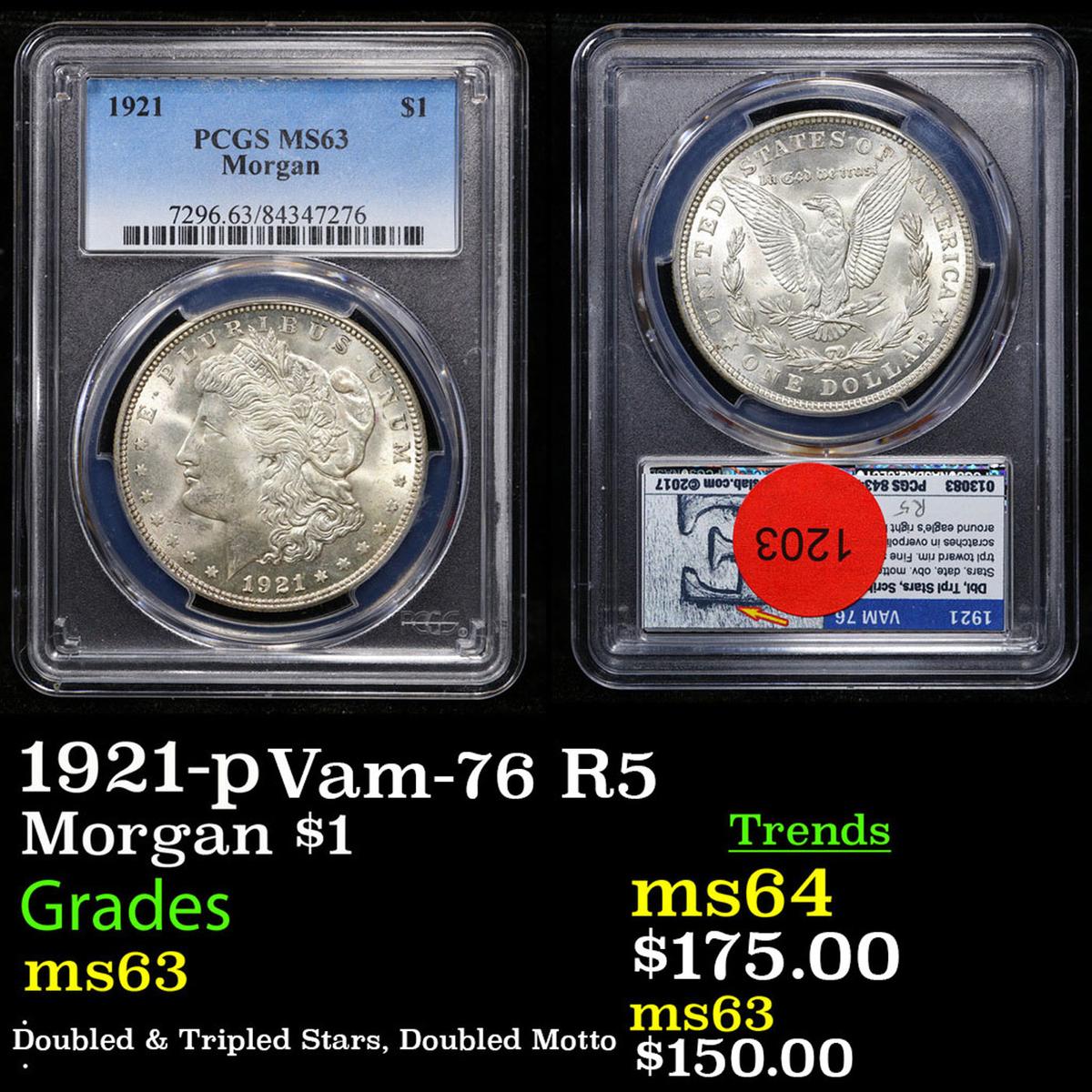 PCGS 1921-p Morgan Dollar Vam-36 R5  1 Graded ms63 By PCGS