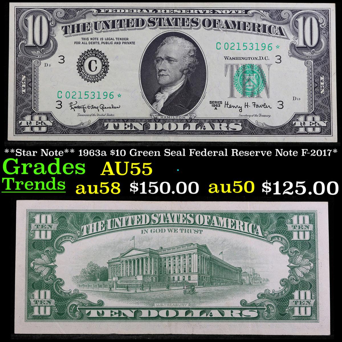 **Star Note** 1963a $10 Green Seal Federal Reserve Note F-2017* Grades Choice AU