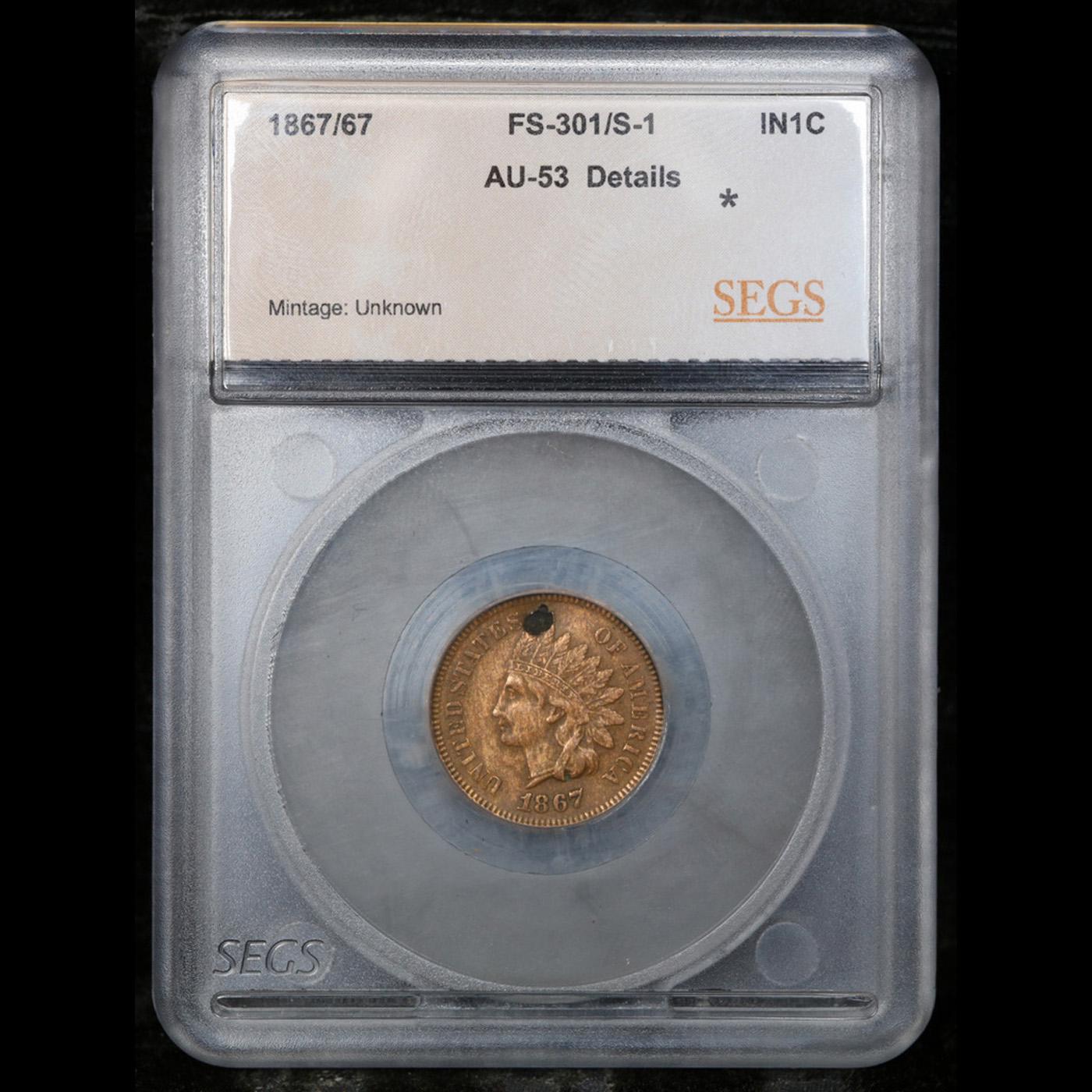 ***Auction Highlight*** 1867/67 Indian Cent FS-301/S-1 1c Graded au53 details By SEGS (fc)