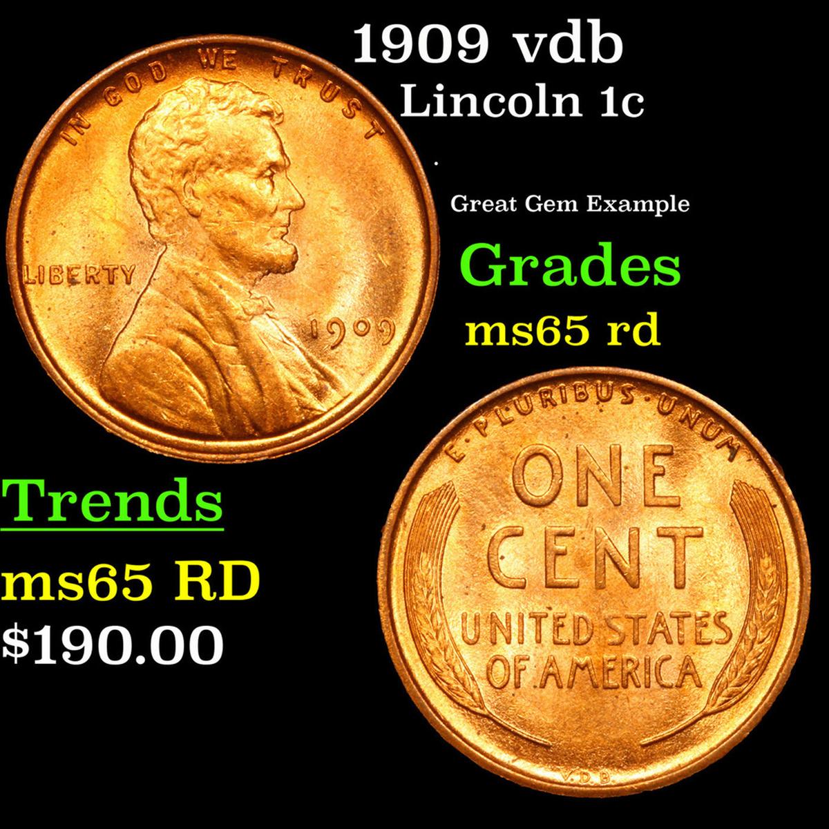 1909 vdb Lincoln Cent 1c Grades GEM Unc RD