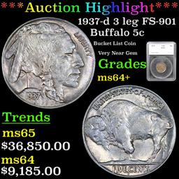 ***Auction Highlight*** 1937-d 3 leg Buffalo Nickel FS-901 5c Graded ms64+ By SEGS (fc)