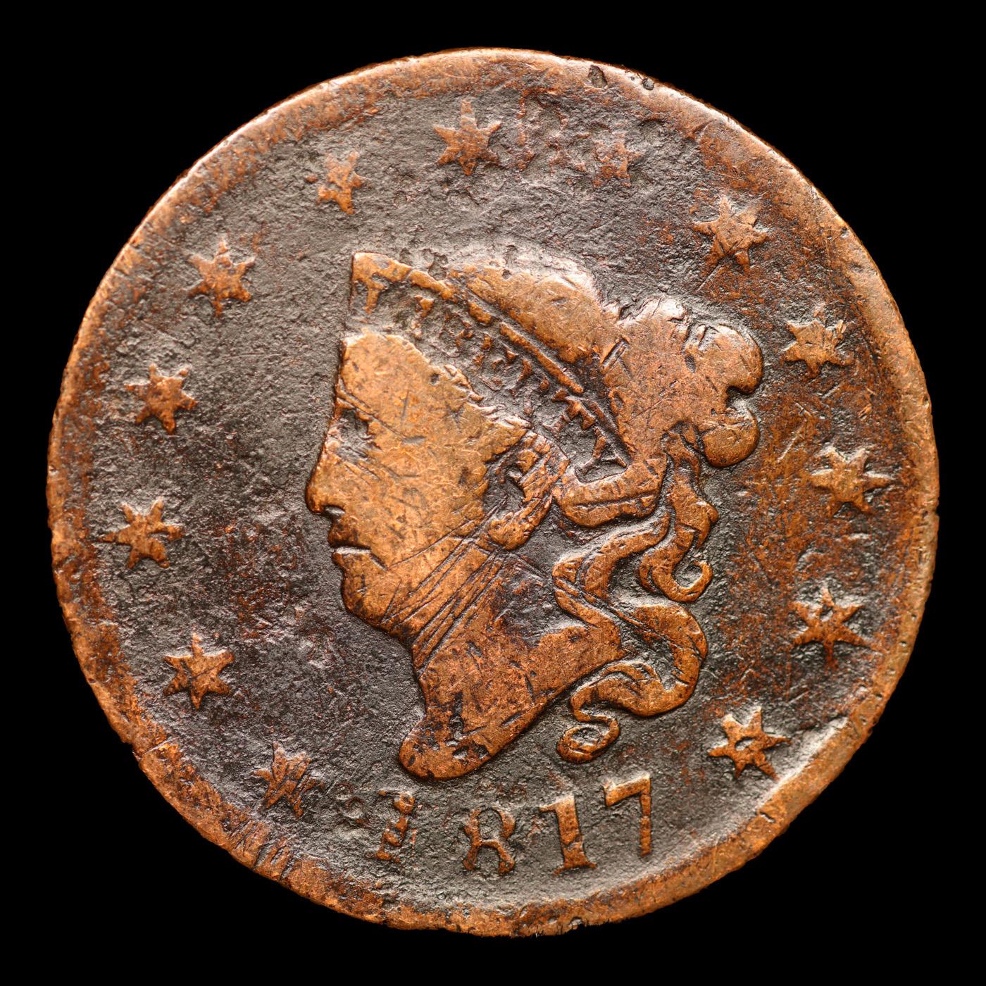 1817 13 Stars Coronet Head Large Cent 1c Grades vg+