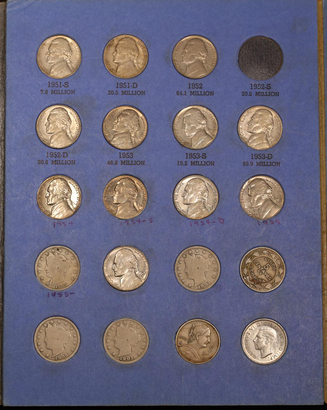 Virtually Complete Jefferaon 5c folder 1938-1956, 52 coins and 6 bonus coin Only Missing 52-s