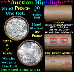 ***Auction Highlight*** Solid Uncirculated Peace silver dollar roll 1924 & P Ends, 20 coins (fc)