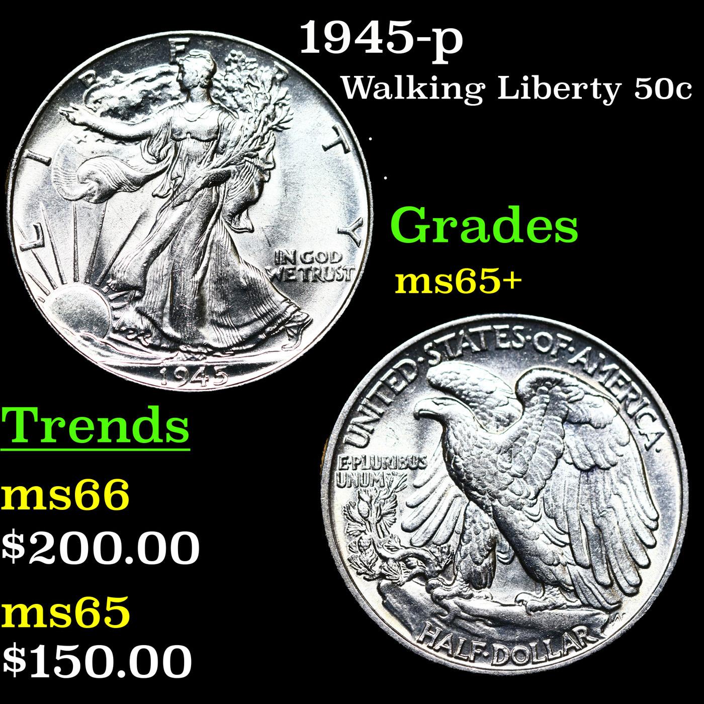 1945-p Walking Liberty Half Dollar 50c Grades GEM+ Unc