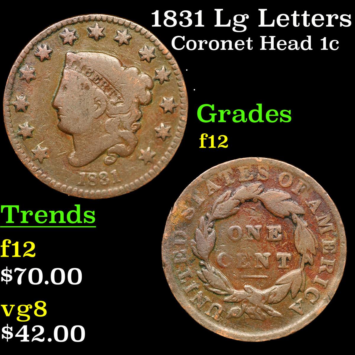 1831 Lg Letters Coronet Head Large Cent 1c Grades f, fine