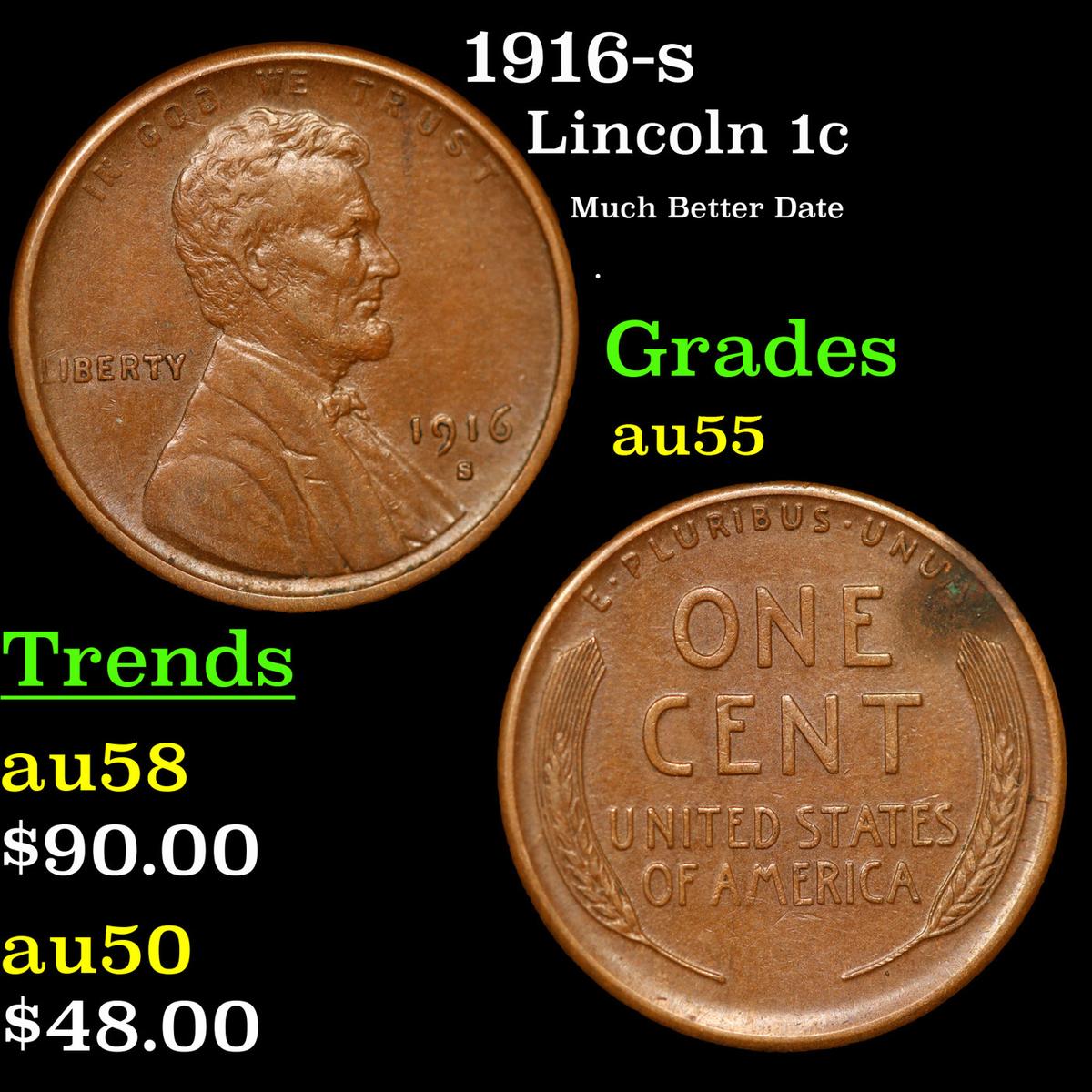 1916-s Lincoln Cent 1c Grades Choice AU