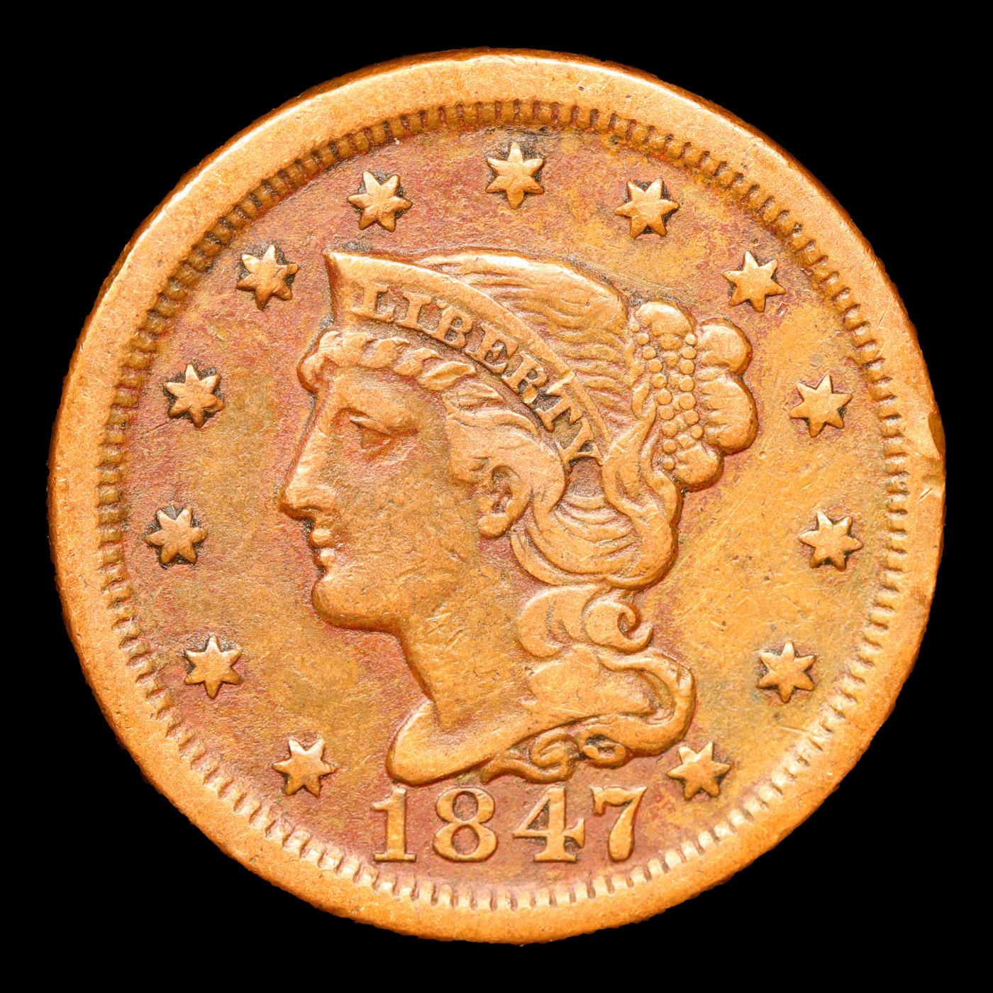 1847 Braided Hair Large Cent 1c Grades xf details