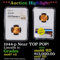 ***Auction Highlight*** NGC 1944-p Lincoln Cent Near TOP POP! 1c Graded ms67 rd By NGC (fc)
