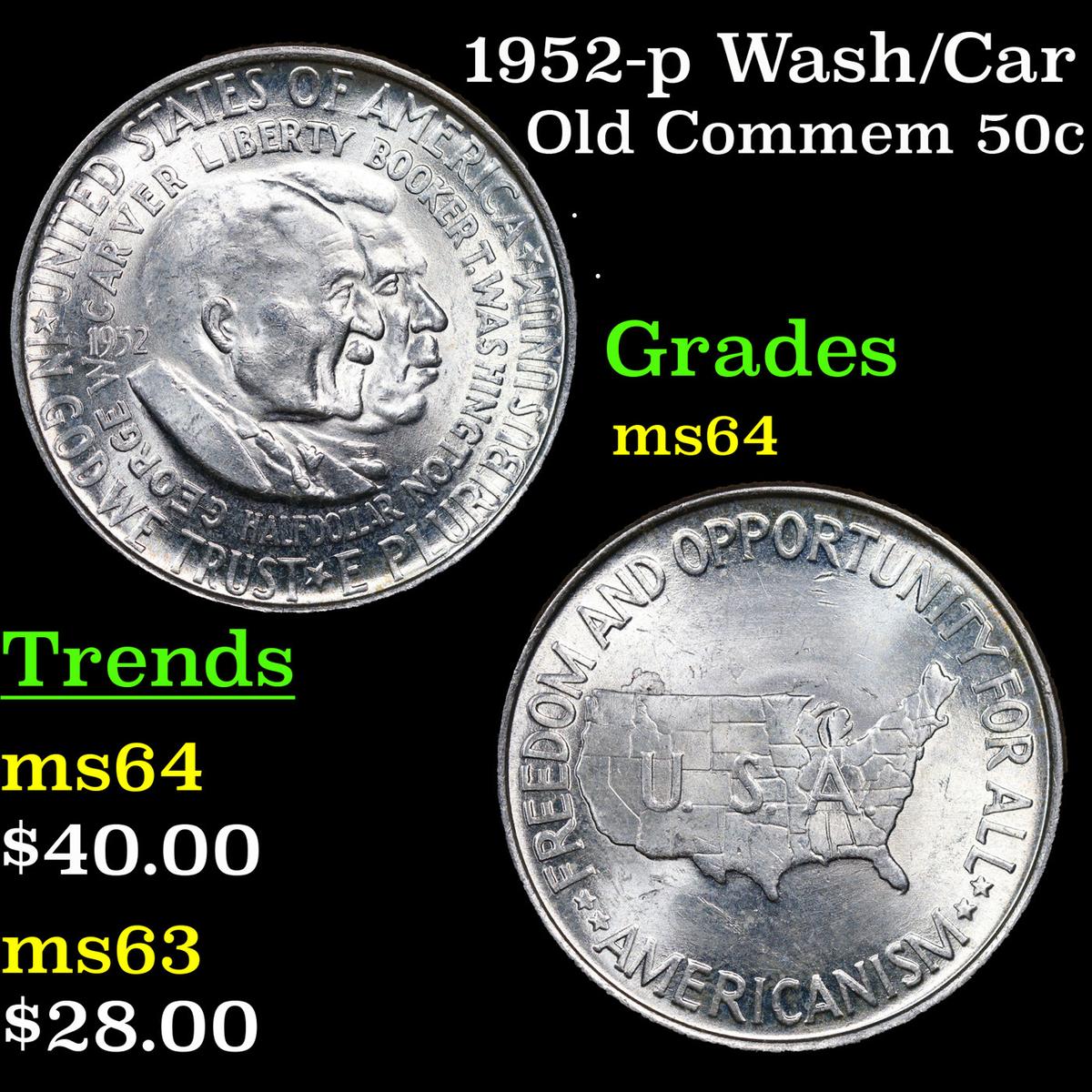 1952-p Wash/Car Old Commem Half Dollar 50c Grades Choice Unc