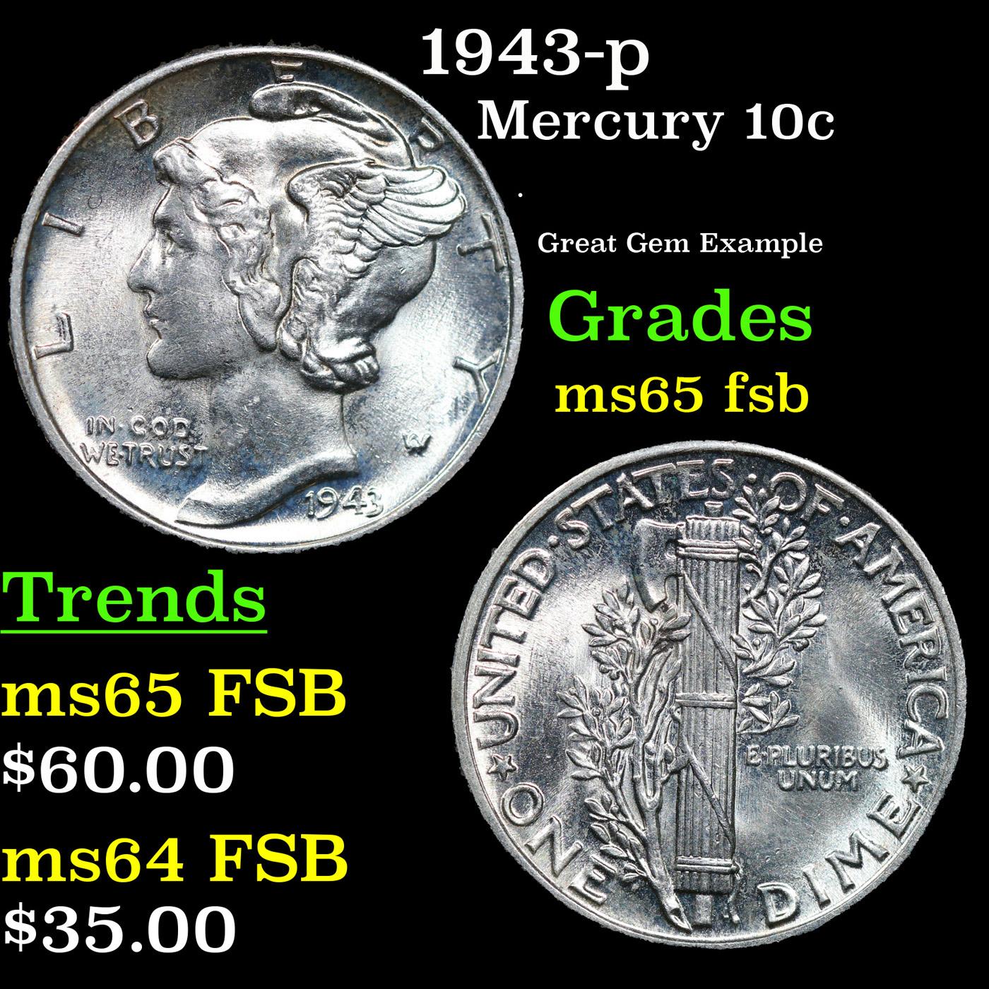 1943-p Mercury Dime 10c Grades GEM FSB