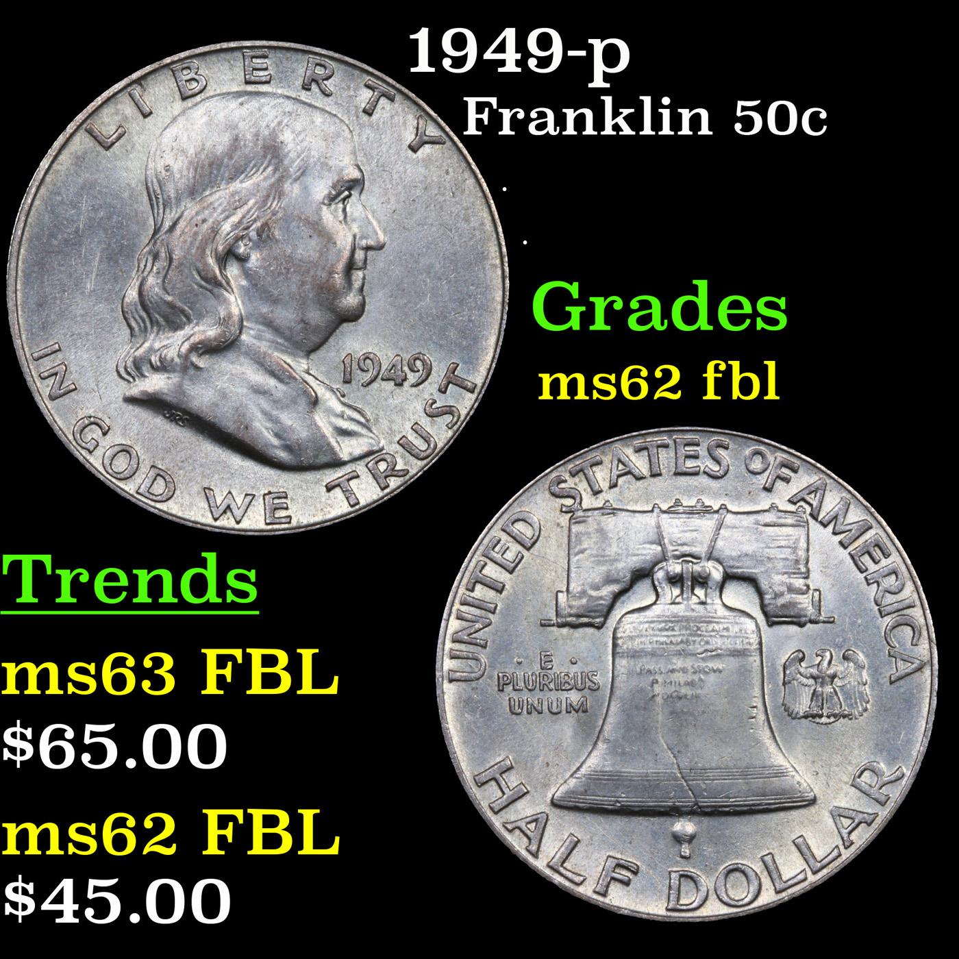 1949-p Franklin Half Dollar 50c Grades Select Unc FBL