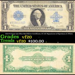 1923 $1 large size Blue Seal Silver Certificate, Fr-237 Signatures of Speelman & White Grades vf, ve