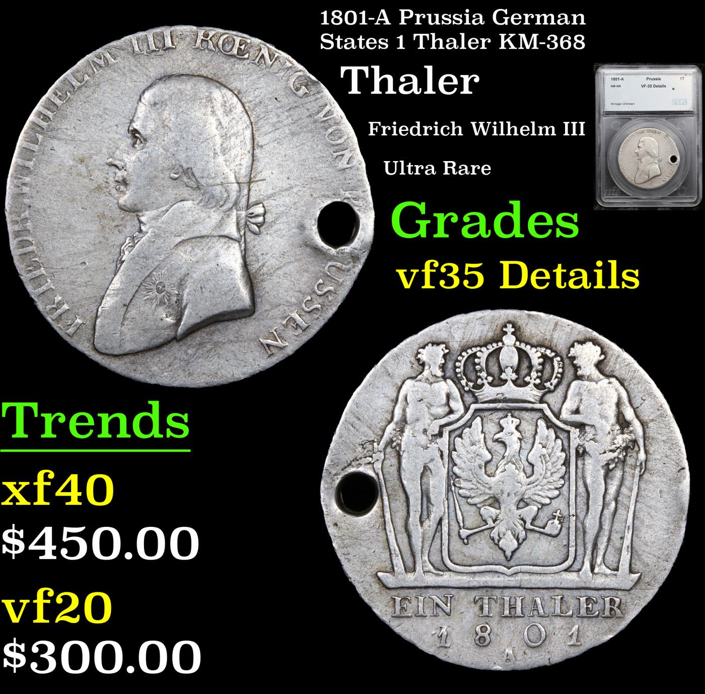 1801-A Prussia German States 1 Thaler KM-368 Graded vf35 By SEGS