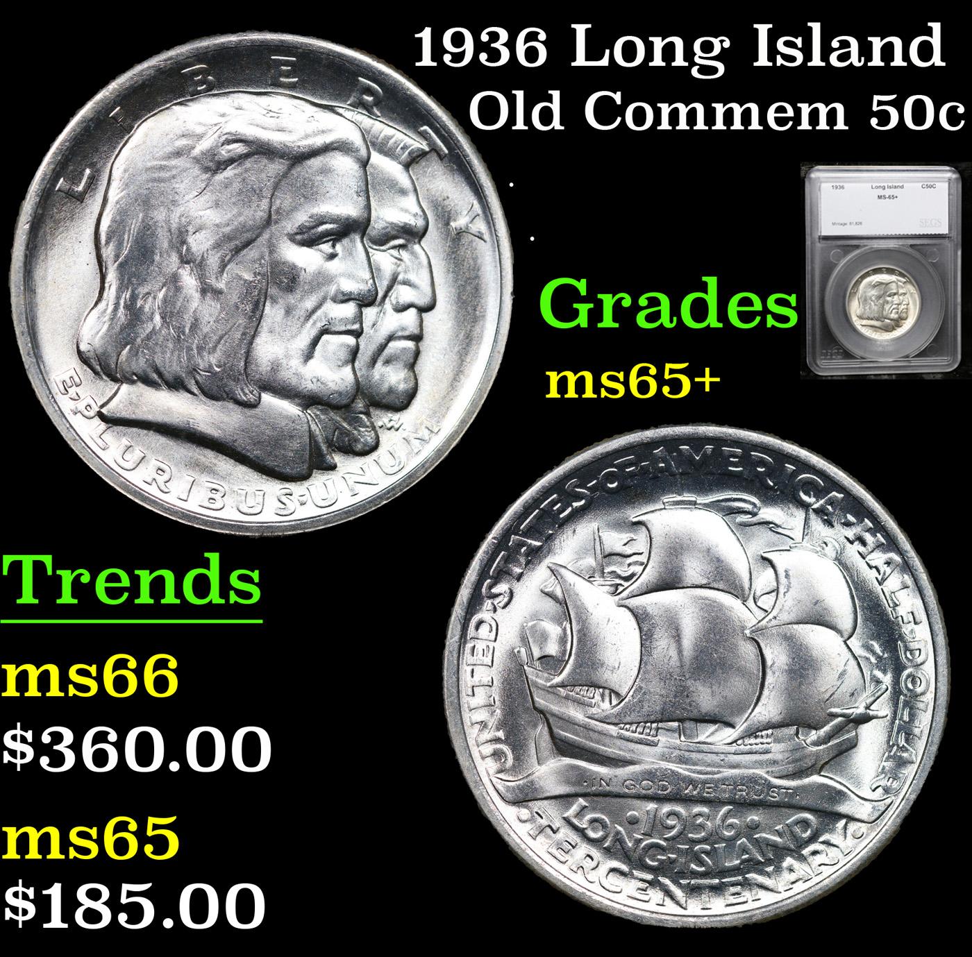 1936 Long Island Old Commem Half Dollar 50c Graded ms65+ BY SEGS