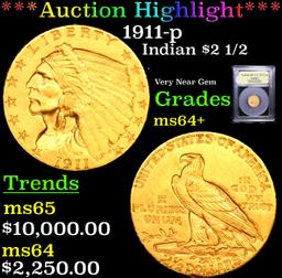 ***Auction Highlight*** 1911-p Gold Indian Quarter Eagle $2 1/2 Graded Choice+ Unc By USCG (fc)