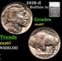 1938-d Buffalo Nickel 5c Graded ms67 By SEGS