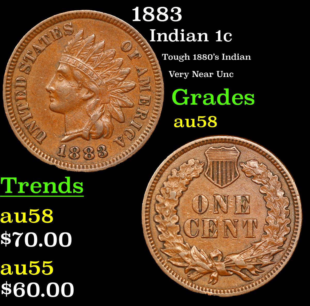 1883 Indian Cent 1c Grades Choice AU/BU Slider