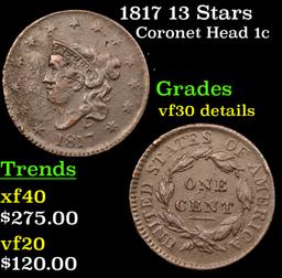 1817 13 Stars Coronet Head Large Cent 1c Grades VF Details