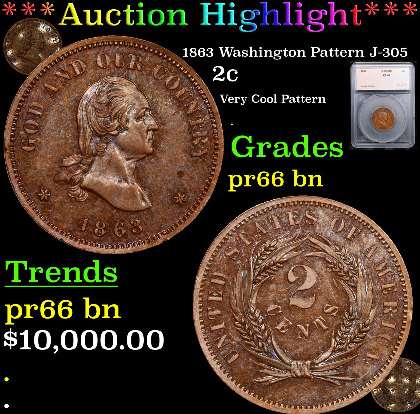 Proof ***Auction Highlight*** 1863 Washington Pattern Two Cent Piece J-305 2c Graded pr66 bn By SEGS