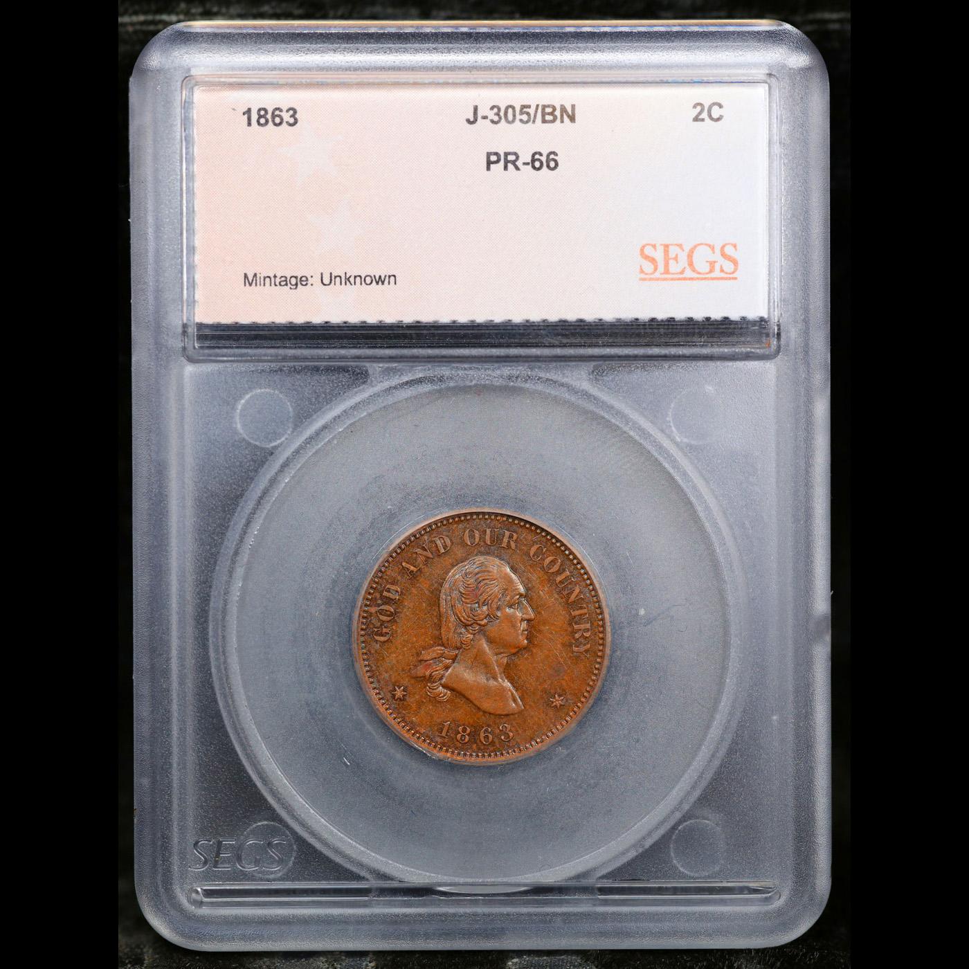 Proof ***Auction Highlight*** 1863 Washington Pattern Two Cent Piece J-305 2c Graded pr66 bn By SEGS