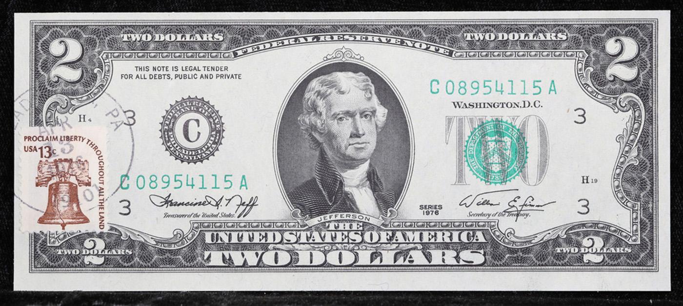 1976 $2 Federal Reserve Note 1st Day of Issue, with Stamp Grades Gem CU