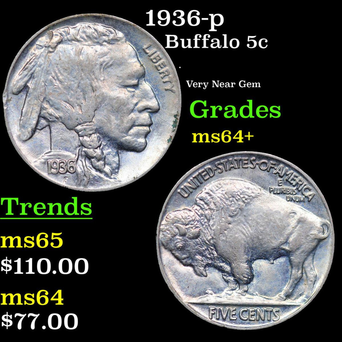 1936-p Buffalo Nickel 5c Grades Choice+ Unc