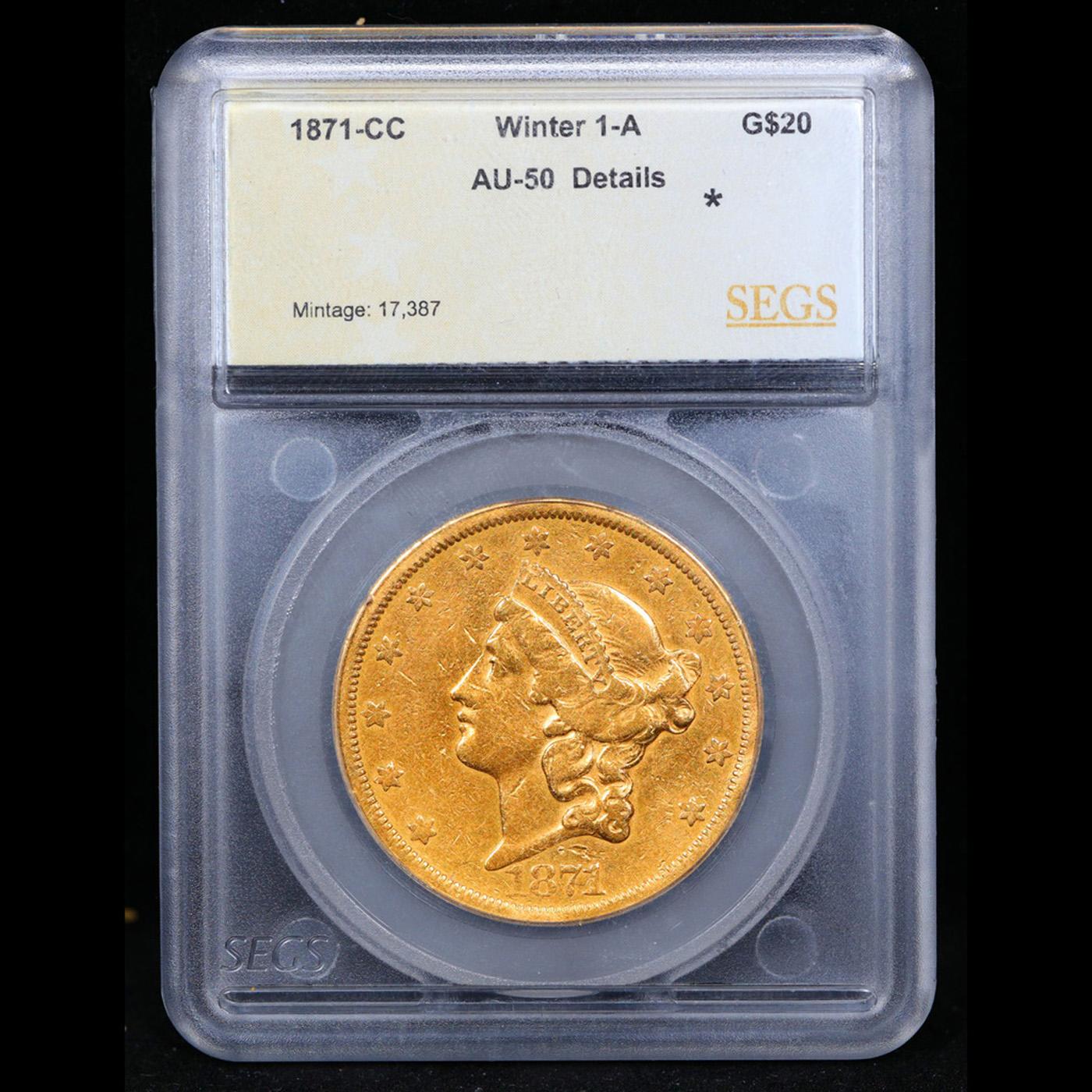 ***Auction Highlight*** 1871-cc Gold Liberty Double Eagle Winter 1-A $20 Graded au50 details By SEGS