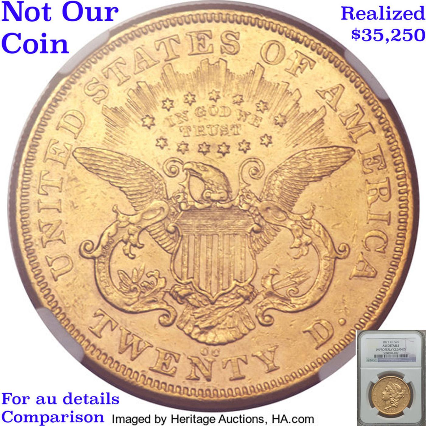 ***Auction Highlight*** 1871-cc Gold Liberty Double Eagle Winter 1-A $20 Graded au50 details By SEGS