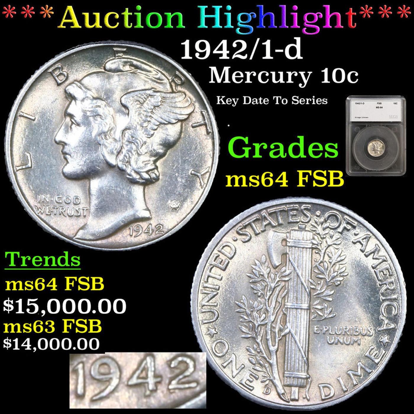 ***Auction Highlight*** 1942/1-d Mercury Dime 10c Graded ms64 FSB By SEGS (fc)